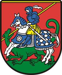 Das Stadtwappen Bad Aibling zeigt einen Ritter in blauer Rüstung auf einem weißen Pferd, der mit einer Lanze einen grünen Drachen bekämpft, auf rotem Hintergrund.