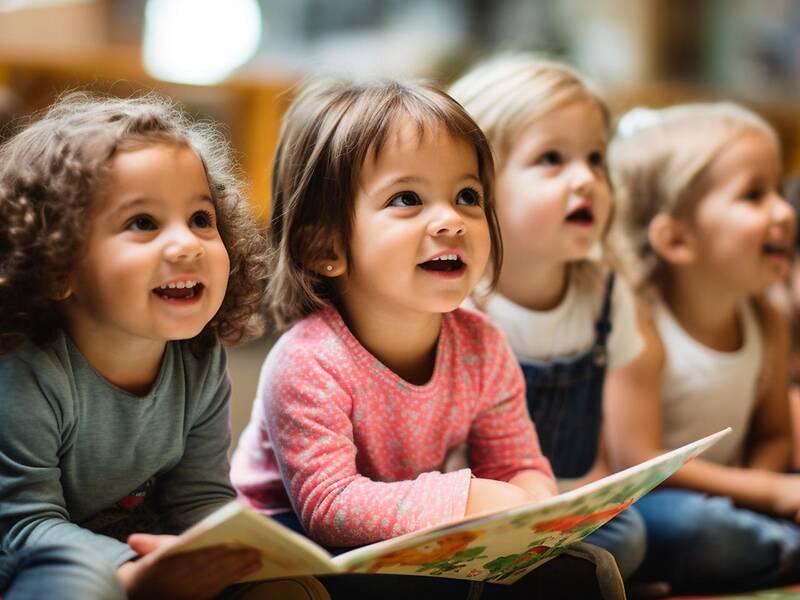 Mehrere Kindergartenkinder sitzen vor Büchern.